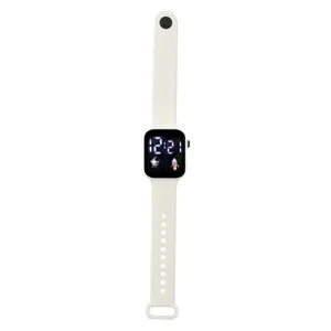 White digital watch with square display, silicone strap, astronaut and rocket graphic.