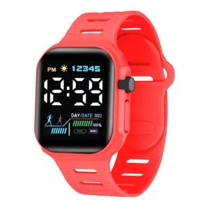 Red silicone strap digital watch with square screen for students sports daily wear.