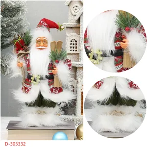Detailed view of the 12-inch standing Santa figurine, featuring plush trim and ski accessories.