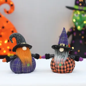 Halloween Gnome Pumpkin Figurine Fabric Wizard Hat Long Beard Plush Dwarf Table Decoration PP Cotton Filled Ornament