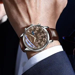 Herren Quarzuhr Business Armbanduhr mit braunem Zifferblatt Lederarmband multifunktional.