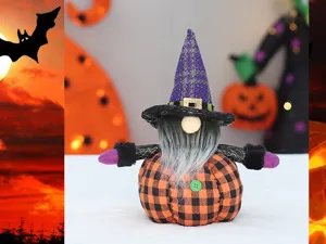 Halloween gnome plush doll with witch hat and pumpkin body, perfect desktop decoration.