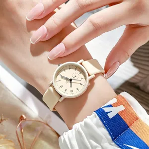Minimalist women quartz watch with soft silicone strap, macaron color student wristwatch.