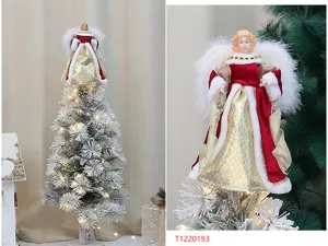 Close-up view of the Christmas tree angel topper with plush wings and elegant red and gold dress.