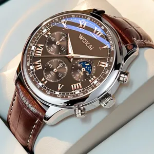 Herren Quarz Chronograph Uhr mit braunem Zifferblatt, römischen Ziffern und Lederarmband.