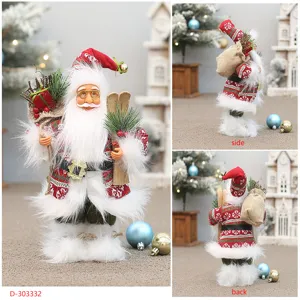 12-inch standing Santa Claus Christmas figurine with skis and gift bag for holiday decor