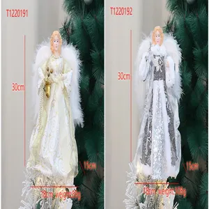 Christmas tree topper angel doll with plush wings, festive holiday decoration and ornament.