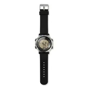 Vista dettagliata dell'orologio digitale con cinturino in silicone nero e quadrante sportivo.