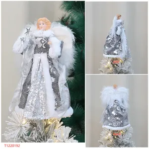 Christmas tree angel topper with plush wings and silver sequin dress, holiday festive decor.