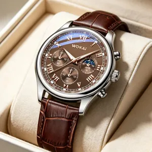 Herren Quarz Business Uhr mit braunem Lederarmband und römischem Zifferblatt Hauptansicht.