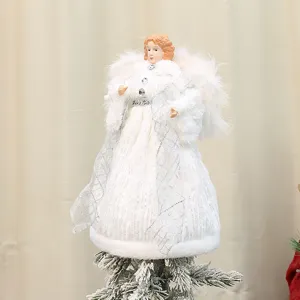 Christmas tree topper angel figurine decoration with plush wings and elegant white dress.