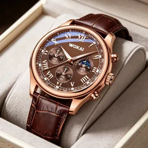 Herren Luxusuhr mit braunem Lederarmband, Roségold Gehäuse und römischem Zifferblatt.