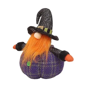 Cute Halloween plush gnome doll with witch hat and purple pumpkin body for desktop decoration.