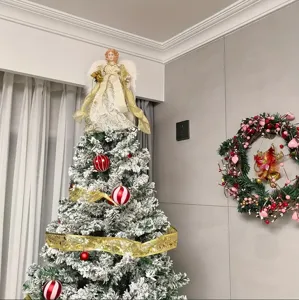 30cm Christmas Angel Tree Topper Plush Wings Sequin Gown Resin Figurine Christmas Tree Ornament Festival Party Home Decor