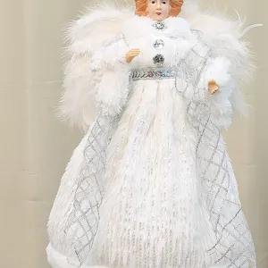 White plush angel tree topper with silver mesh dress and feather wings for Christmas tree decoration