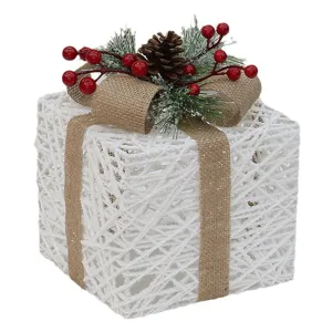 Boite cadeau de Noel blanche avec noeud en jute pommes de pin et baies rouges pour fete