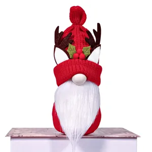 Christmas Gnome plush doll red knitted hat reindeer antlers holiday decoration tabletop ornament