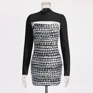 Sexy rhinestone strapless bodycon dress two-piece set, stylish black long sleeve mini dress.