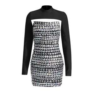 Rhinestone strapless bodycon dress detail, sexy hot girl style two-piece set for women.