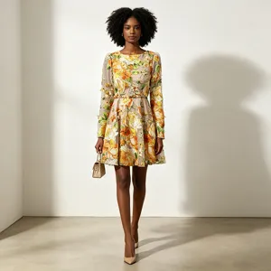 Long sleeve crewneck 3d floral embroidered dress showcasing intricate detail and elegant style.