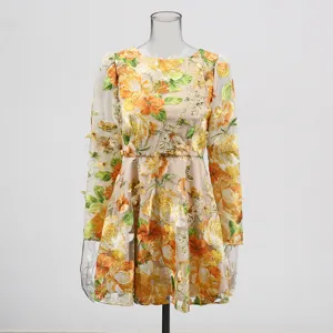 Detailed close-up view of women beige mesh long sleeve dress with vibrant floral embroidery.