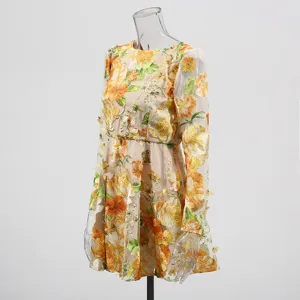 Detailed view of the sheer mesh long sleeve dress featuring vibrant yellow floral embroidery.