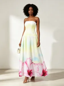 Women Vacation Style Gradient Color-Block Floral Printed Strapless Waist-Inching Slim Fit Midi Dress Summer Fashion