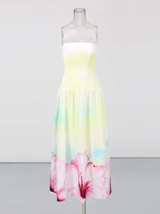 Gradient yellow strapless floral maxi dress, resort style summer dress with pink hem print.