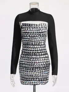 Sexy rhinestone strapless bodycon dress two-piece set featuring stylish long sleeves for women.