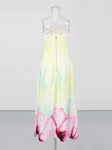Summer gradient strapless floral long dress for women, elegant beach vacation maxi dress.