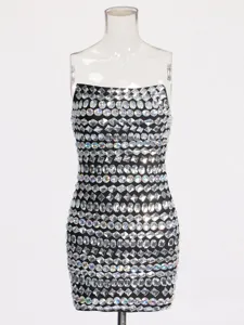 Sexy strapless rhinestone bodycon mini dress for women evening party clubwear sparkly outfit