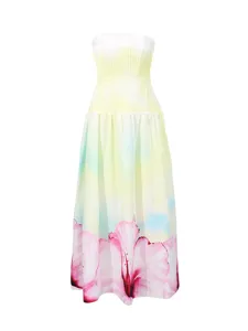 Gradient yellow strapless long dress with pink floral print, ideal for summer vacation.