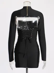 Black long sleeve bodycon dress with clear panel, back zipper and lace-up corset detail.