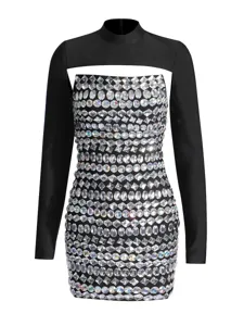 Sexy rhinestone two-piece mini dress set with long sleeve shrug and sparkly strapless bodycon.