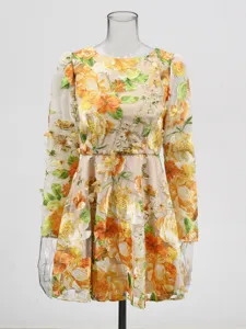 Floral embroidered mesh dress women long sleeve sweet round neck summer party dress new