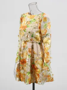 Pastoral sweet floral embroidered mesh dress featuring round neck and long sleeves for women.