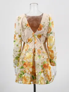 Stunning floral embroidered long sleeve dress with V-back design, elegant beige aesthetic style.
