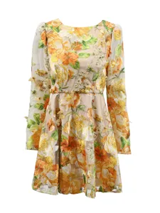 Women summer pastoral style round neck long sleeve mesh floral embroidered dress with 3D flowers.