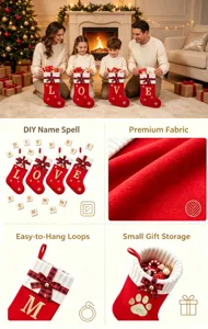 Christmas stocking detail showing DIY letter spell feature, premium fabric, and hanging loop.