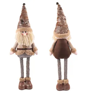 Bambola peluche gnomo gambe lunghe Natale, cappello paillettes marrone decorazione festa.
