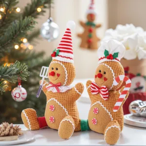 Christmas gingerbread man plush doll pair, festive holiday decoration home decor gift.