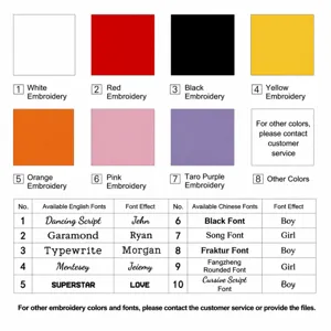 Custom embroidery color and font options chart for personalized Christmas stockings gift.