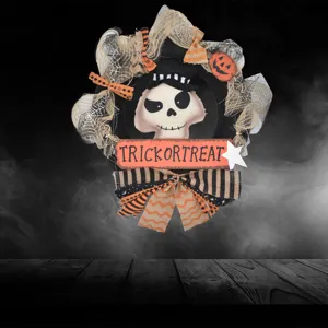 Halloween wreath decoration with skull and top hat, burlap mesh festival party door hanging