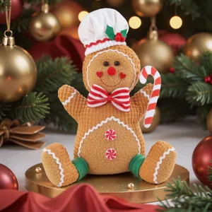 Christmas gingerbread man plush toy with cute chef hat, festive holiday party decoration item.
