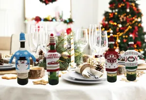 Housse de bouteille de vin en tricot de Noel pull ensemble decoration de table 4pcs