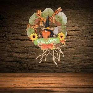 Halloween decorative wreath featuring cute faceless gnome doll, sunflowers and welcome sign.