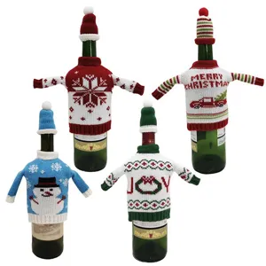 Housse de Bouteille de Vin en Tricot de Noël Vêtements Chapeau Design Flocon de Neige Bonhomme de Neige Fête Décoration Table Ornements