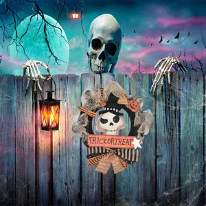 Halloween decoration wreath spooky party hanging sign with skull pumpkin burlap mesh 1 piece.