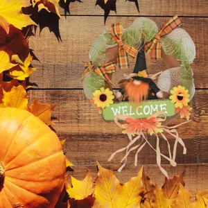 Halloween gnome wreath autumn decor with faceless doll sunflowers and welcome sign