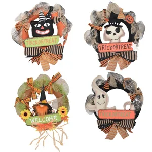 Halloween Wreath Decoration Fabric Mesh Ghost Skull Black Cat Wreath Hanging Ornament For Festive Party Home Front Door Wall Decor